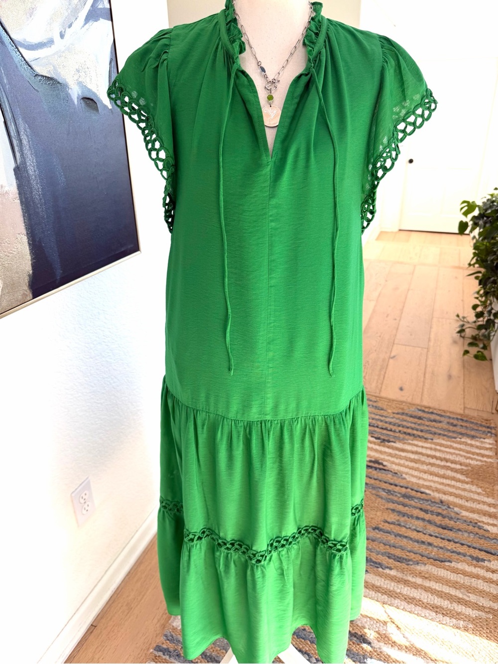 Current Air Oversized XS Green Crochet-Trim Tiered Midi Boho Dress